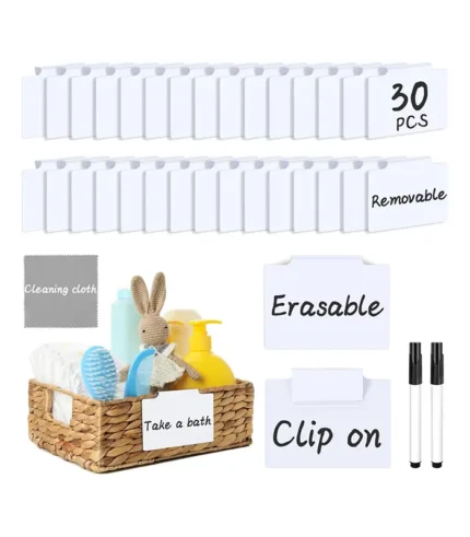 Clip-On Basket Labels – 30 Removable Bin Tags with 2 Chalk Markers & Wipe (White)